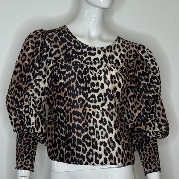 GANNI Cedar Tie Back Leopard Print Puff Sleeve Top Linen and Silk  SZ 38 - Picture 9 of 11